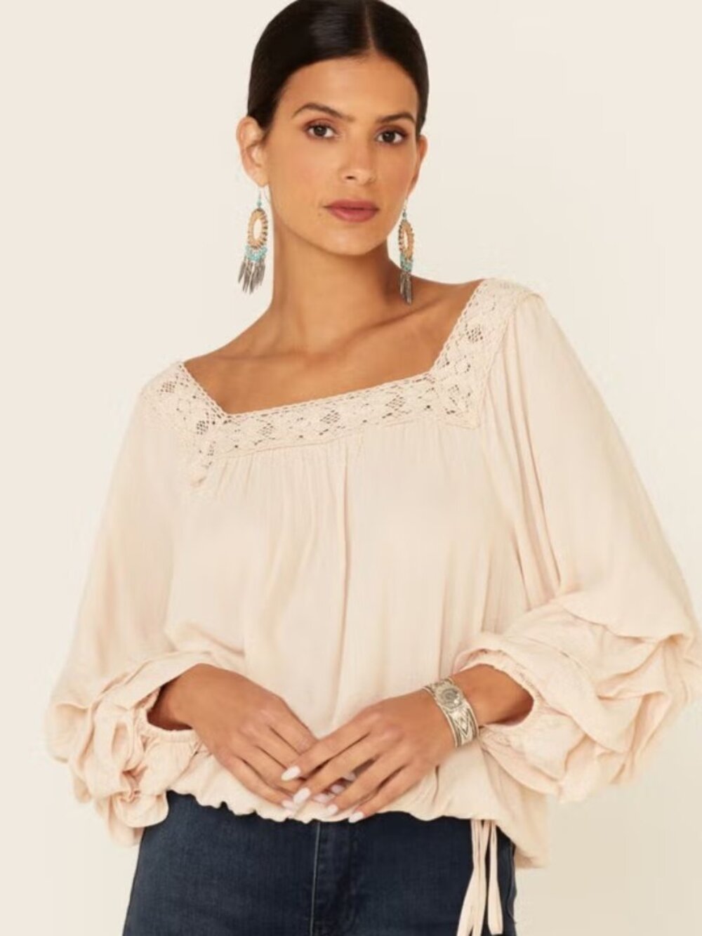 NWT Wild Moss Womens Ruffle Sleeve Peasant Top Crochet Square Neck Sz L Cottage